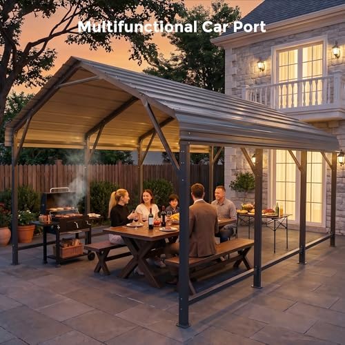 HOMSHADE 10x15FT Heavy Duty Metal Carport with 132ยฐ Steep Anti-Pooling Roof