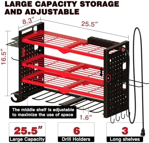 NattyDot Cordless Power Tool Organizer Wall Mount, 6 Drill Holders, Red