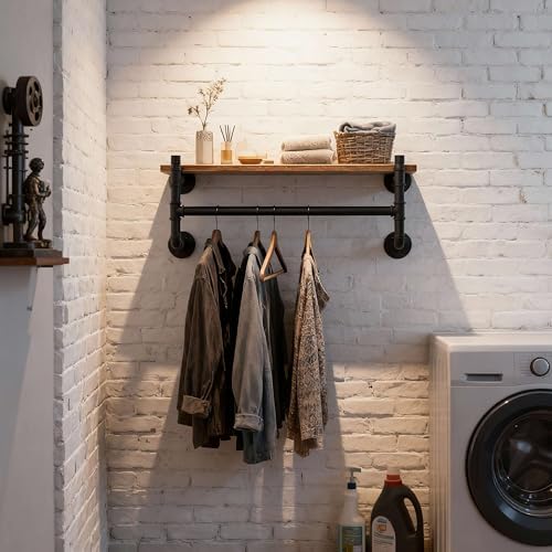 WEBI Wall Mounted Clothes Rack with Shelf,30" Industrial Pipe Clothing R...