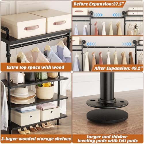 Aheaplus Industrial Pipe Clothing Rack, Expandable Garment Rack, Closet Syste...