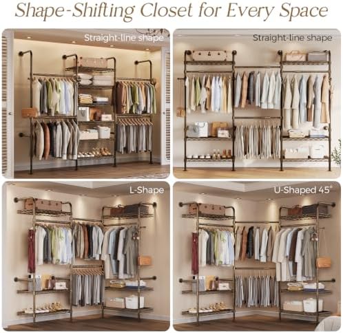 Wall Mounted Closet System, 3-Row Heavy Duty Garment Rack, Black and Gold