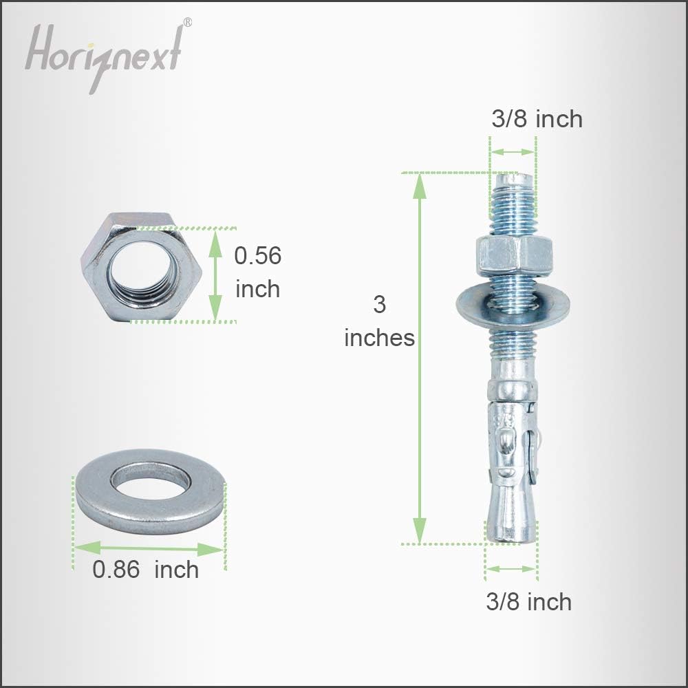3/8 Concrete Anchors, 3/8 Wedge Anchors Bolts, 3" L, 100 Pcs
