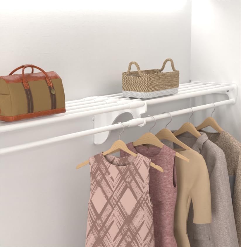 EZ SHELF - Hanging Shelf - Closet Rod - Expands 63.3-118โ - White, Closet She...