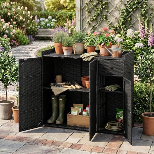 Tangkula Rattan Outdoor Storage Cabinet with 2 Adjustable Shelves