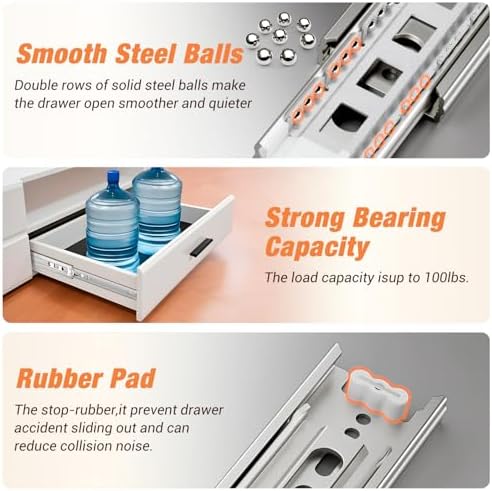 Drawer Slides Ball Bearing 3 Folds Full Extension Side Mount Cabinet Runners ...