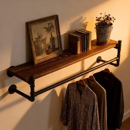WEBI Wall Mounted Clothes Rack with Shelf,30" Industrial Pipe Clothing R...