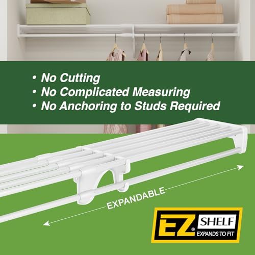 EZ SHELF Closet Shelf with Hanging Rod - 28-48โ Expandable, White, Closet She...