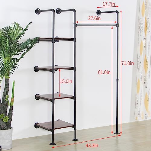 Industrial Pipe Clothing Rack with Shelves, 71inch Wall Mounted Closet Storag...