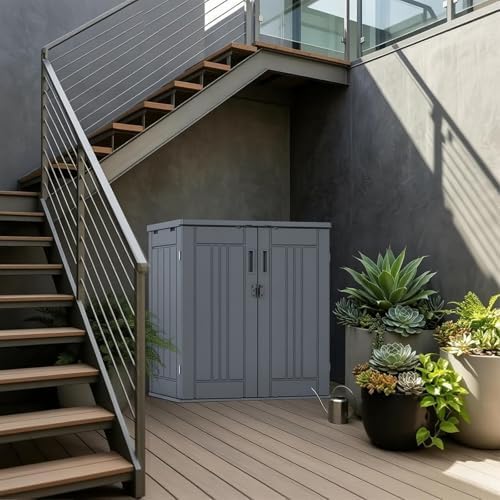 Outdoor Storage Cabinet with 2 Shelves, Waterproof Resin Vertical Tool Shed, ...