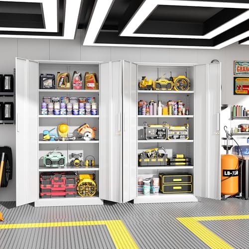 Greenvelly White Metal Storage Cabinet for Garage, 72โ Steel Locking Cabinet ...