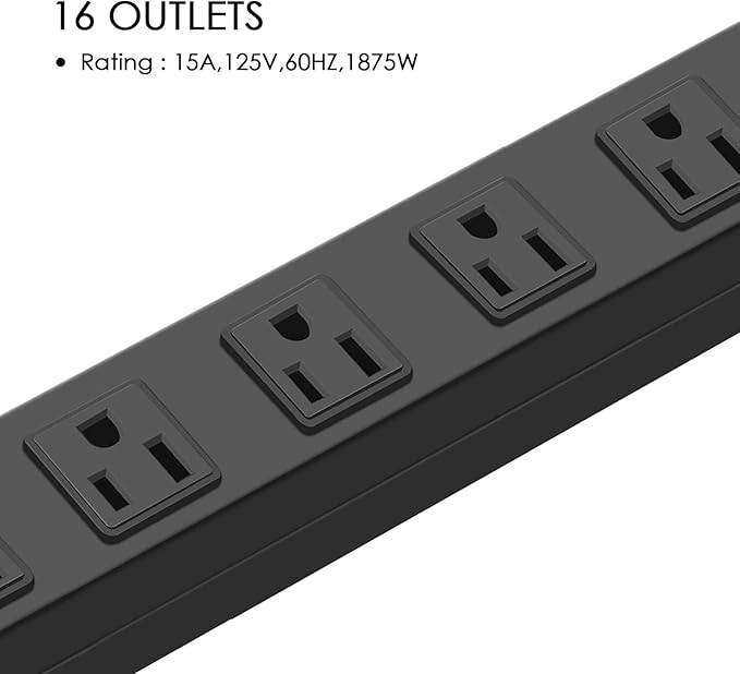 HHSOET 16-Outlet Metal Wall Mount Power Strip, 15 ft 14AWG Power Cord, 15A 125V