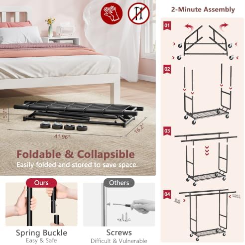 Hoctieon 2-Minute Assembly Double Rod Clothes Rack, Heavy Duty Rolling Clothi...