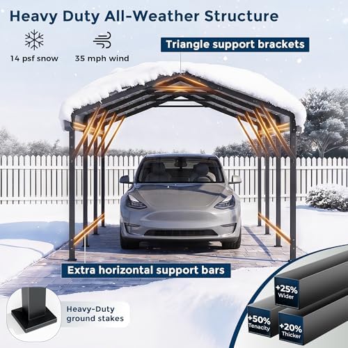 HOMSHADE 10x15FT Heavy Duty Metal Carport with 132ยฐ Steep Anti-Pooling Roof