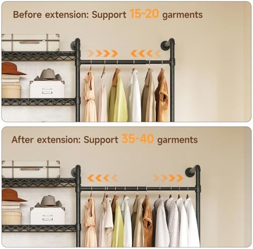 ONBRILL H5 Wall Mounted Closet System, Industrial Pipe Clothes Rack, Black