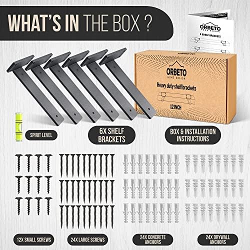 Orbeto 6 Pack Heavy Duty Shelf Brackets (12") Black Metal (6mm Thick), S...