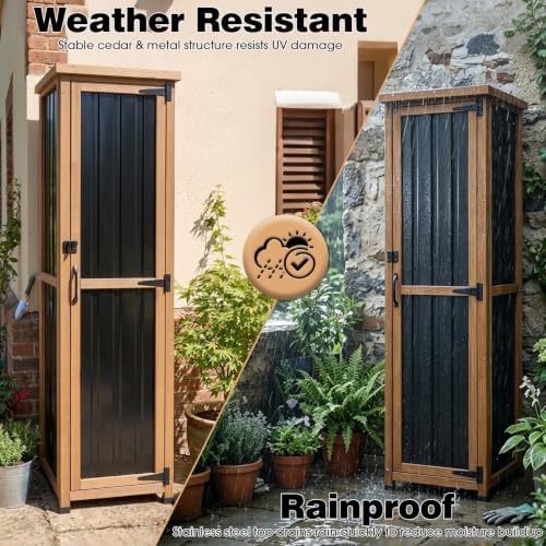62" H Tall Narrow Outdoor Storage Cabinet with Metal Top, Outdoor Shed S...