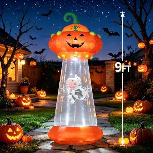 Domkom 8 FT Halloween Inflatable Pumpkin UFO Decoration for Outdoor Yard