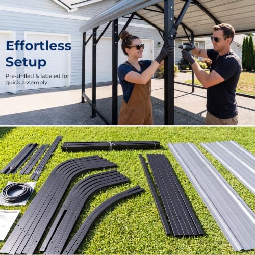 HOMSHADE 10x15FT Heavy Duty Metal Carport with 132ยฐ Steep Anti-Pooling Roof