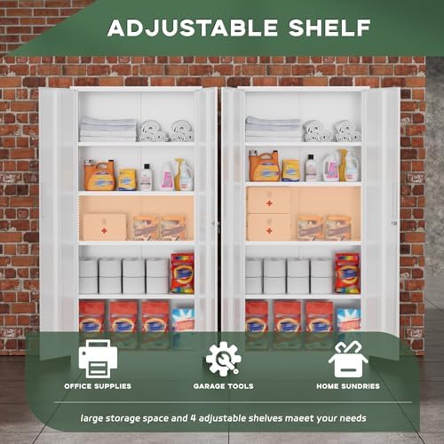 Greenvelly White Metal Storage Cabinet for Garage, 72โ Steel Locking Cabinet ...
