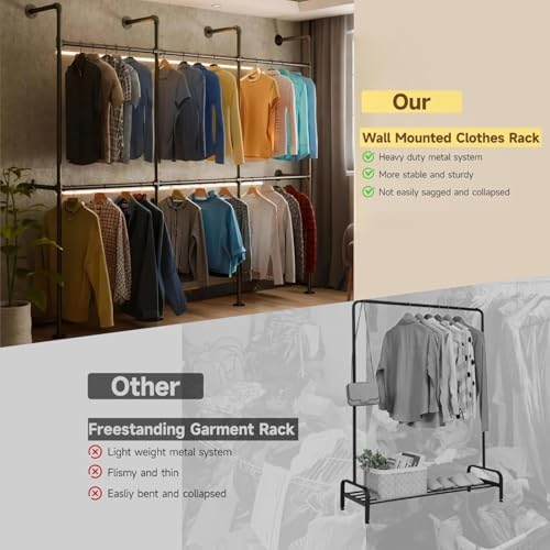 Industrial Pipe Black Clothing Racks Wall Mounted, Rustic Industrial Pipe Clo...