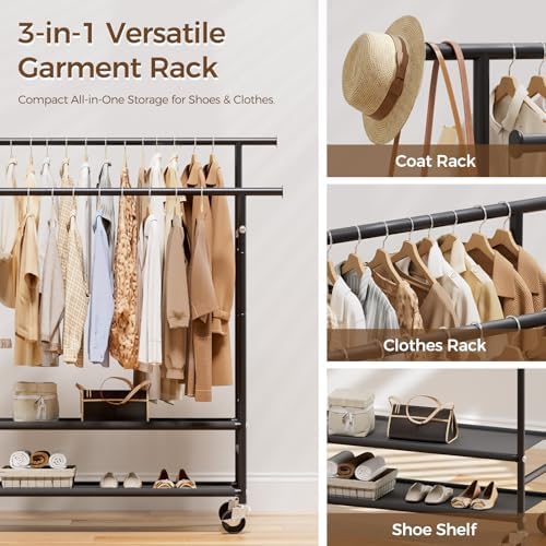 HYSEYY Clothes Rack,Double Rods Rolling Clothing Rack for Hanging Clothes,Por...