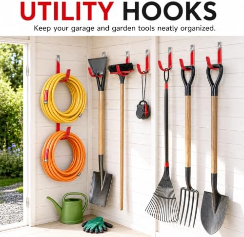 6 Pack Metal Garage Hooks, Heavy Duty Hose Hanger Wall Mounted Utility Storag...