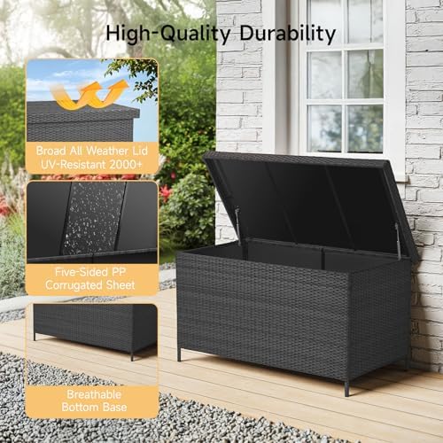 ONBRILL 158 Gallon XL Wicker Deck Box, Outdoor Patio Storage Box, Black