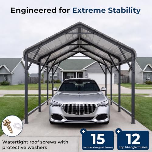HOMSHADE 10x15FT Heavy Duty Metal Carport with 132ยฐ Steep Anti-Pooling Roof