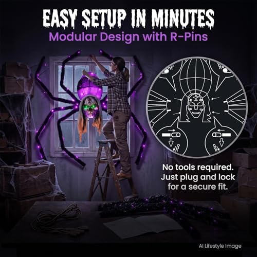 52" Halloween Giant Skull Face Spider, Lighted Outdoor Decoration with F...