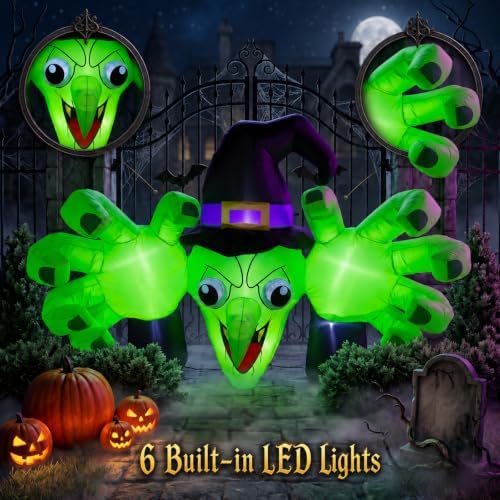 6FT Giant Halloween Inflatables Wicked Witch with Huge Grabbing Hands, LED Ha...