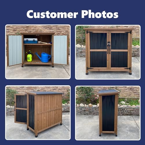 Wood & Metal Outdoor Storage Cabinet with Waterproof Roof, Garden Tool Sh...