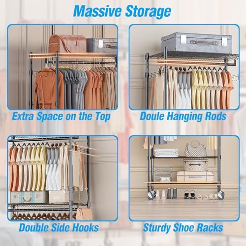 Homdox Heavy Duty Clothing Rack with 3 Tier Adjustable Wire Shelves, Garment ...