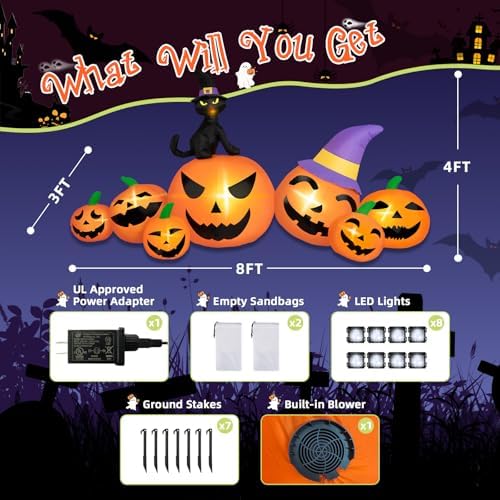 8FT Long Halloween Inflatables Pumpkin Outdoor Decorations, 7 Blow Up Pumpkin...