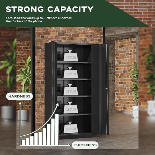 Greenvelly Metal Cabinet, 72โ Black Tool Steel Locking Cabinet with Doors and...