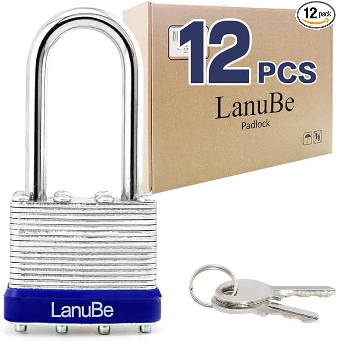 LanuBe Lock Laminated Steel Keyed Padlock, Keyed Alike Locks, Long Shackle (1...