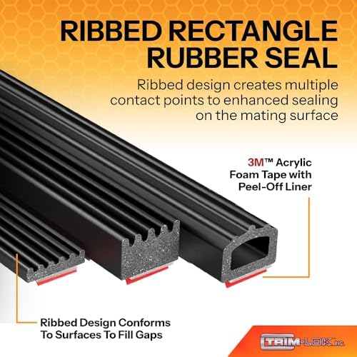 TRIM-LOK Ribbed Rectangle Rubber Seal with 3M Bonded Tape, 0.375-Inch Height,...