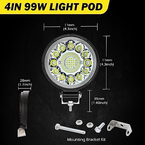 4 Inch Round LED Spot Light, 12V 24V LED Tractor Light 99W Offroad Driving Fo...