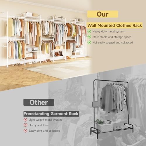 H6 Wall Mounted Closet System, Industrial Pipe Clothes Rack Clothing Racks wi...