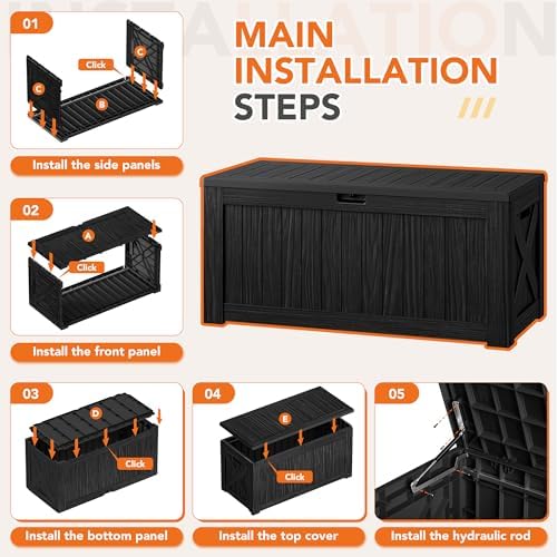 130 Gallon Deck Box Outdoor Indoor Waterproof Storage Box, Black