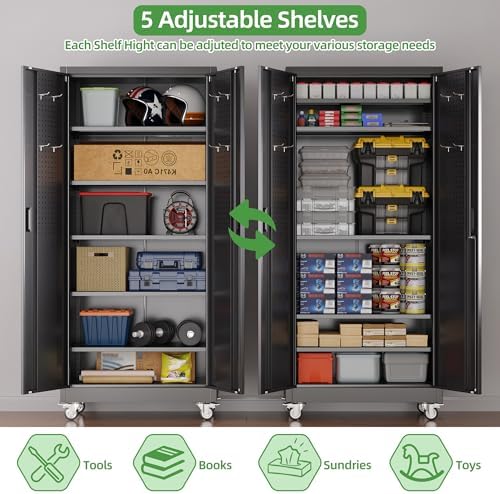 Reemoon 5 Adjustable 170 lb Shelves, Lockable Doors, Door pegboard and 4 Remo...