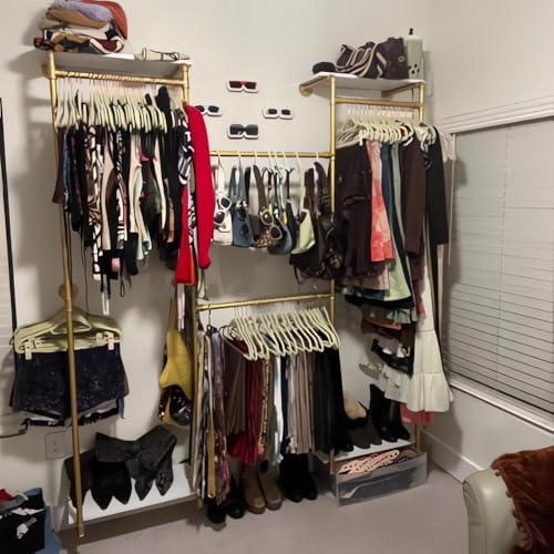 KaKaBB Industrial Pipe Clothing Rack with Shelves, Wall Mounted Gold Corner C...