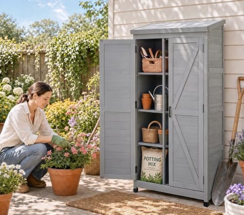 68'' Outdoor Storage Cabinet, Wooden Garden Tool Cabinet with Metal Top