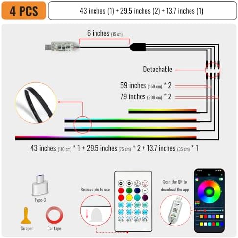 Ambient Lighting Car Led Lights Interior with APP, USB Powered Acrylic Neon F...