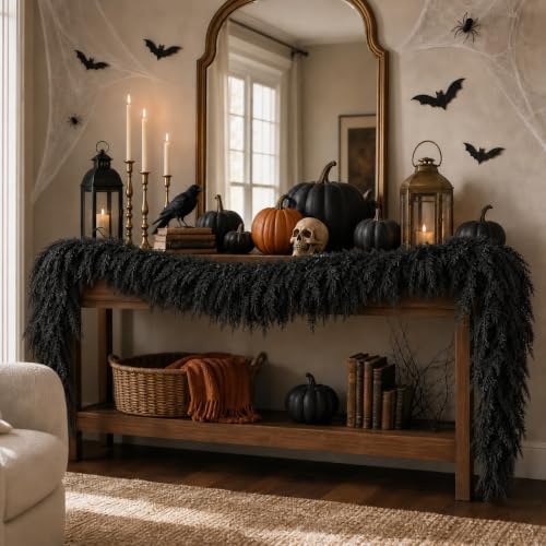 Black Halloween Mantle Garland Decor Gothic Garlands for Decorations 6Ft Fire...