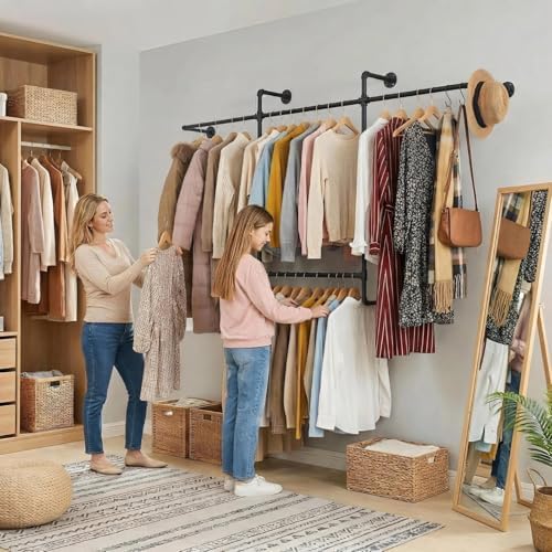 Industrial Pipe Clothing Rack, Hanging Garment Rack, Wall Mounted Pipe Clothe...