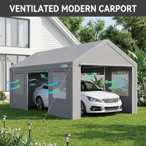 COBIZI 12x20 FT Heavy Duty Carport with Galvanized Frame, Gray