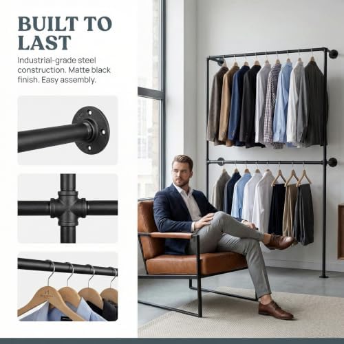 Industrial Pipe Clothing Rack Wall Mounted Garment Rack, Black Pipe Clothes R...
