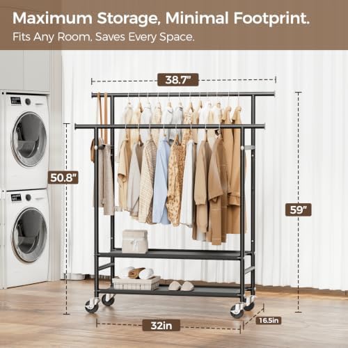 HYSEYY Clothes Rack,Double Rods Rolling Clothing Rack for Hanging Clothes,Por...