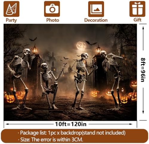 10x8FT Halloween Decoration Backdrop-Dancing Skeletons and Glowing Pumpkins