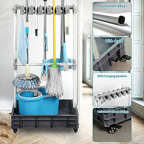 Broom And Mop Holder Put Wet Mops Movable Floor-Mounted Mop Rack Floor Standi...